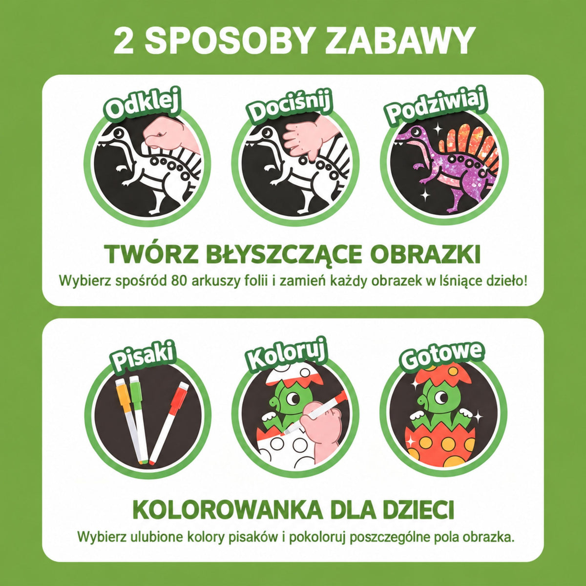 WOOPIE dailės rinkinys su blizgia folija ir spalvinimo kortelėmis „Dinozauras“, 121 vnt.