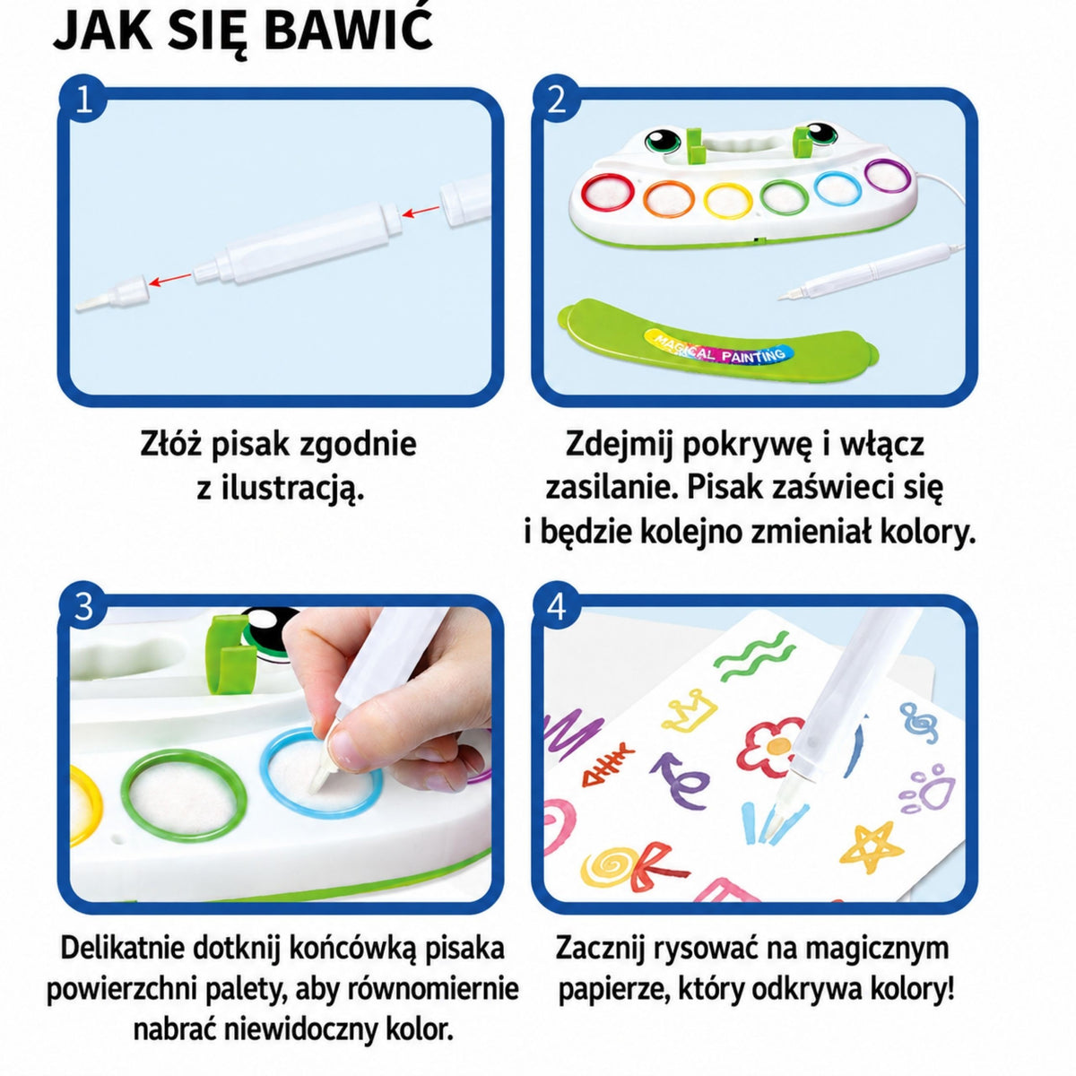 WOOPIE kūrybinis piešimo rinkinys su šviečiančiu teptuku ir antspaudais, 6 spalvos