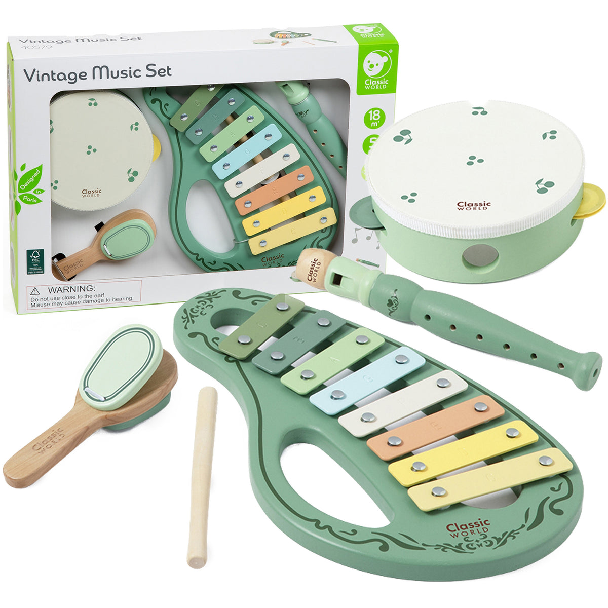CLASSIC WORLD medinių vintažinių muzikos instrumentų rinkinys, 18 mėn.+