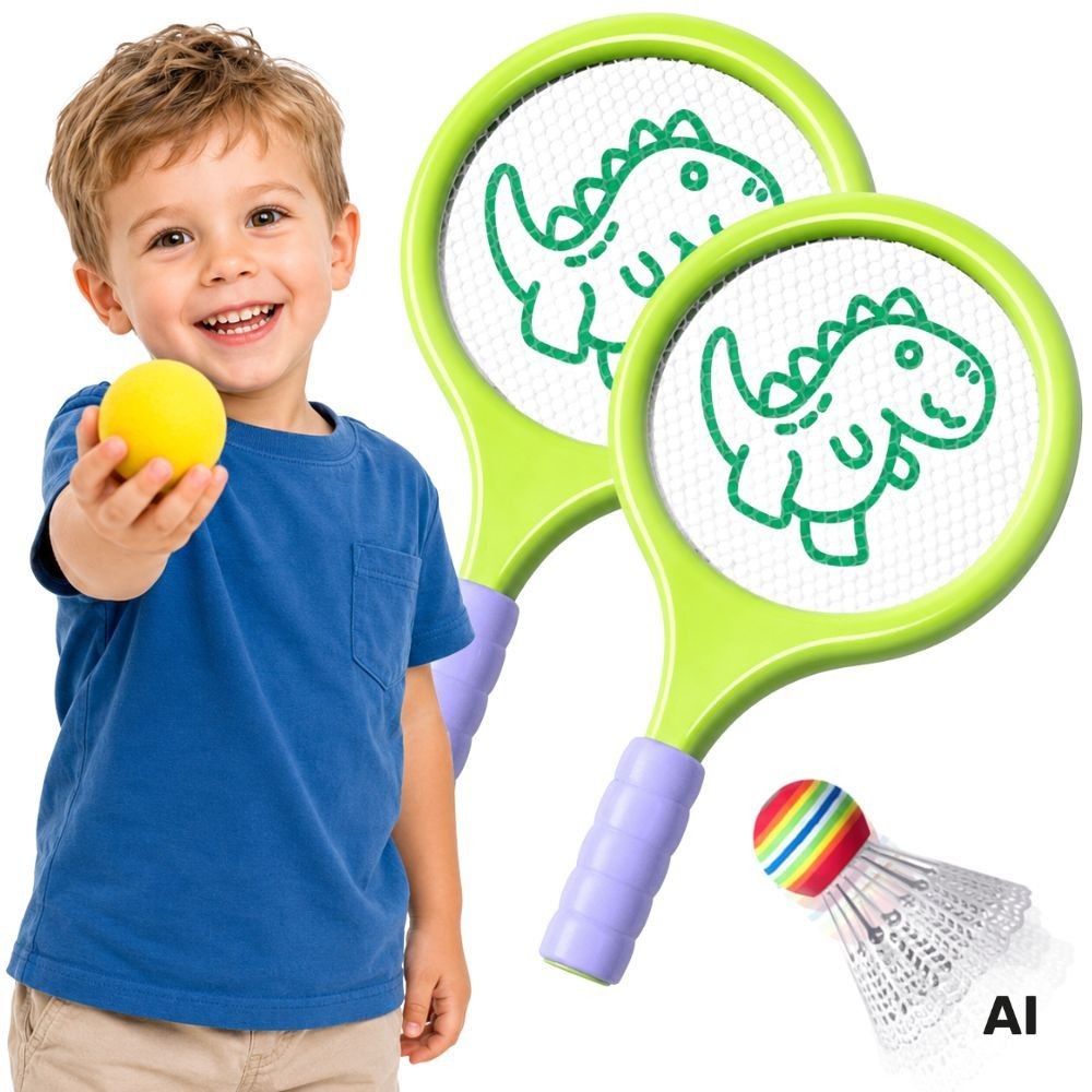 WOOPIE badmintono ir teniso raketės su putplasčio kamuoliuku ir plunksninuku „Dinozauras“