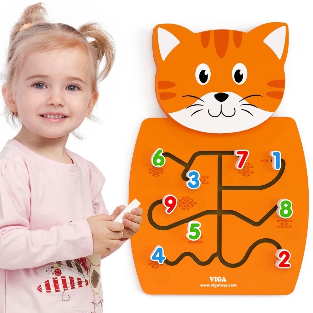 VIGA medinė manipuliacinė lenta „Kačiukas“ su skaičiais, FSC, Montessori
