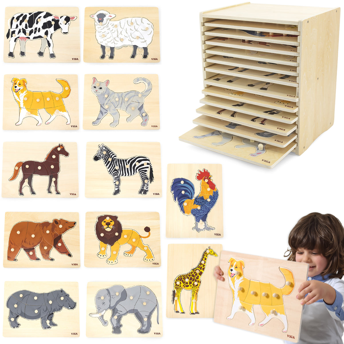 VIGA medinių Montessori dėlionių rinkinys „Gyvūnai“, 12 vnt. su stovu