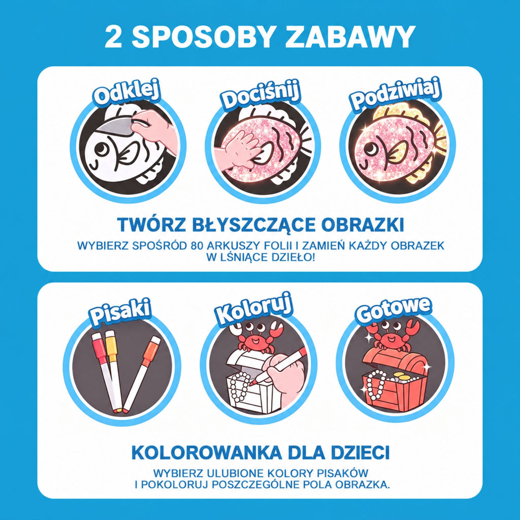 WOOPIE dailės rinkinys su blizgia folija ir spalvinimo kortelėmis „Delfinas“, 121 vnt.