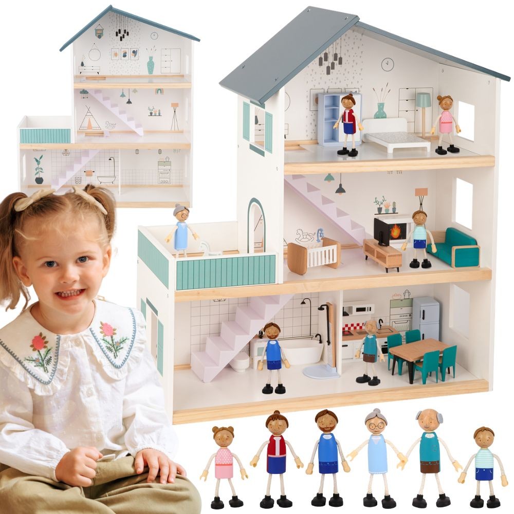 TOOKY TOY didelis medinis lėlių namelis su figūrėlėmis, FSC