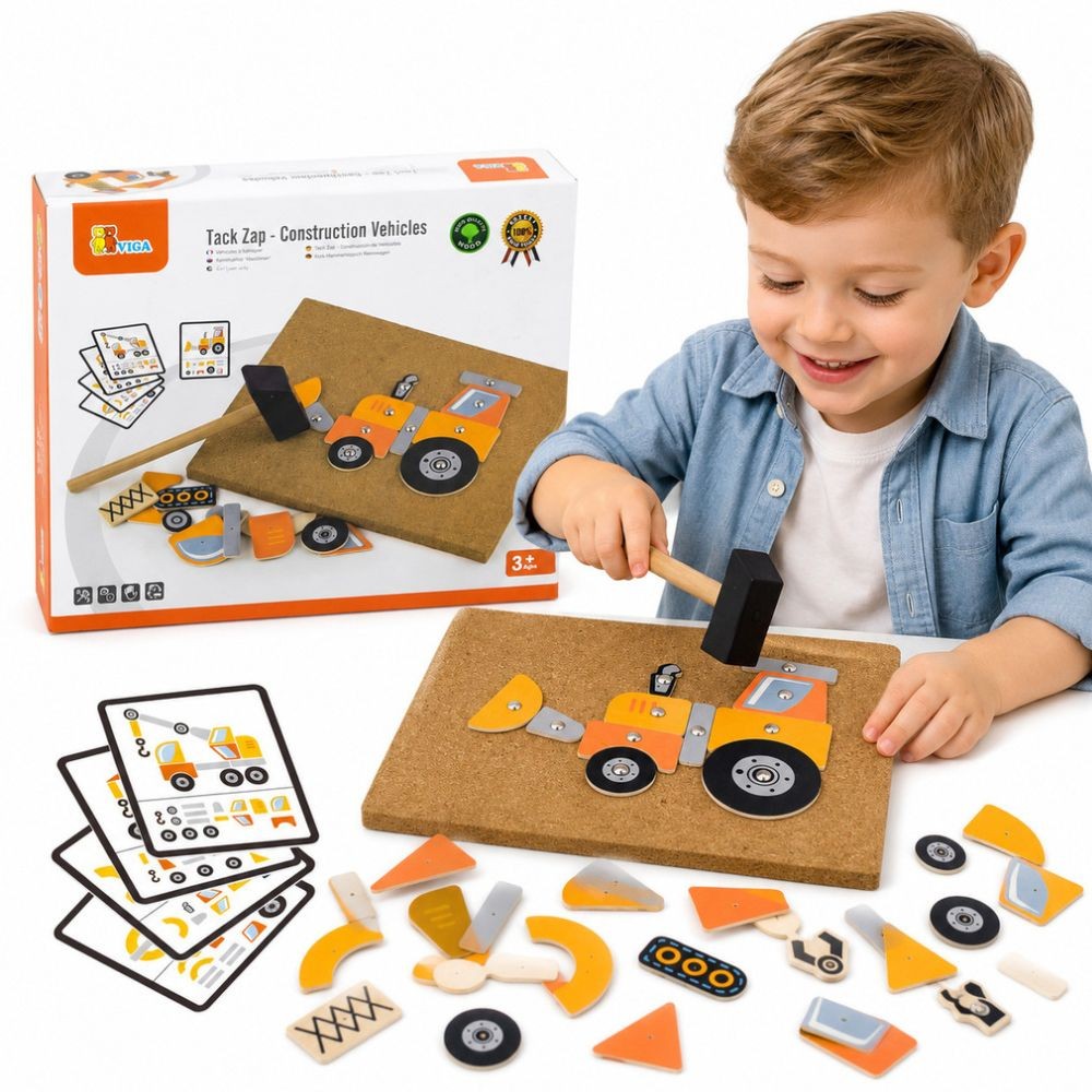 VIGA medinis kaltinimo žaislas „Statybinės mašinos“, 45 detalės, Montessori