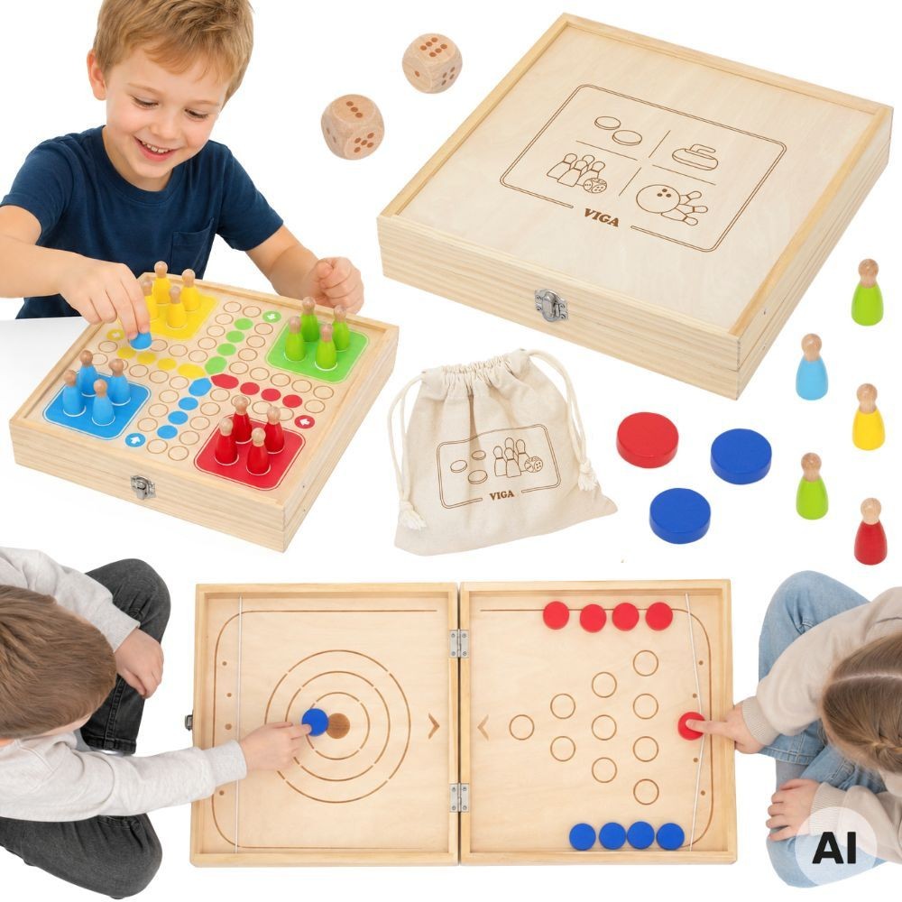 VIGA medinis 4 in 1 žaidimų stalas: ledo ritulys, kerlingas, boulingas ir Ludo