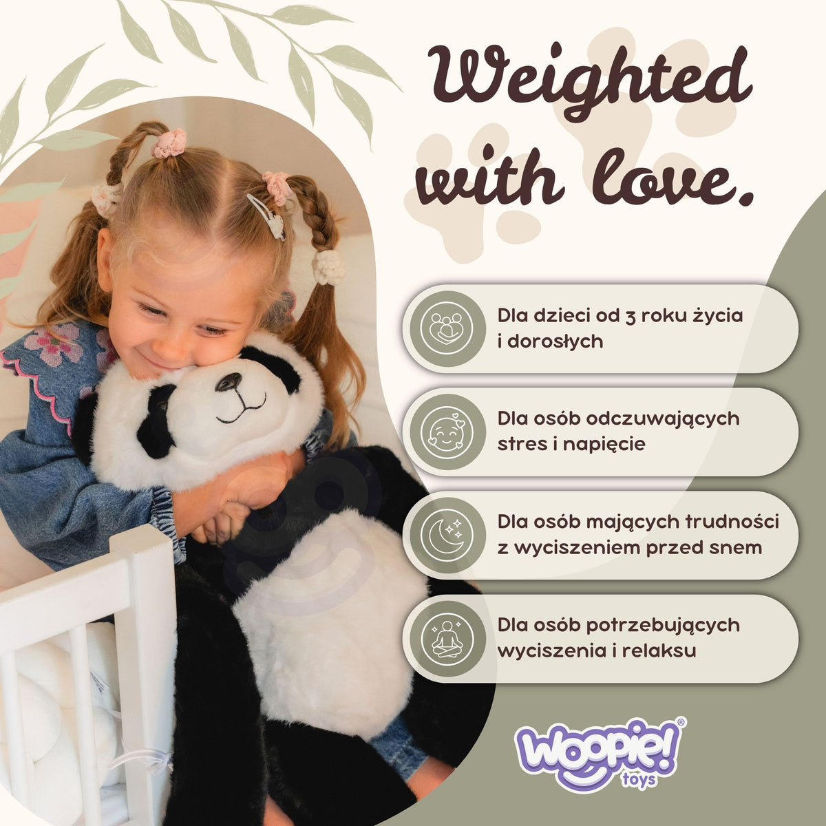 WOOPIE sveriamoji sensorinė pliušinė panda, 65 cm, 1,5 kg