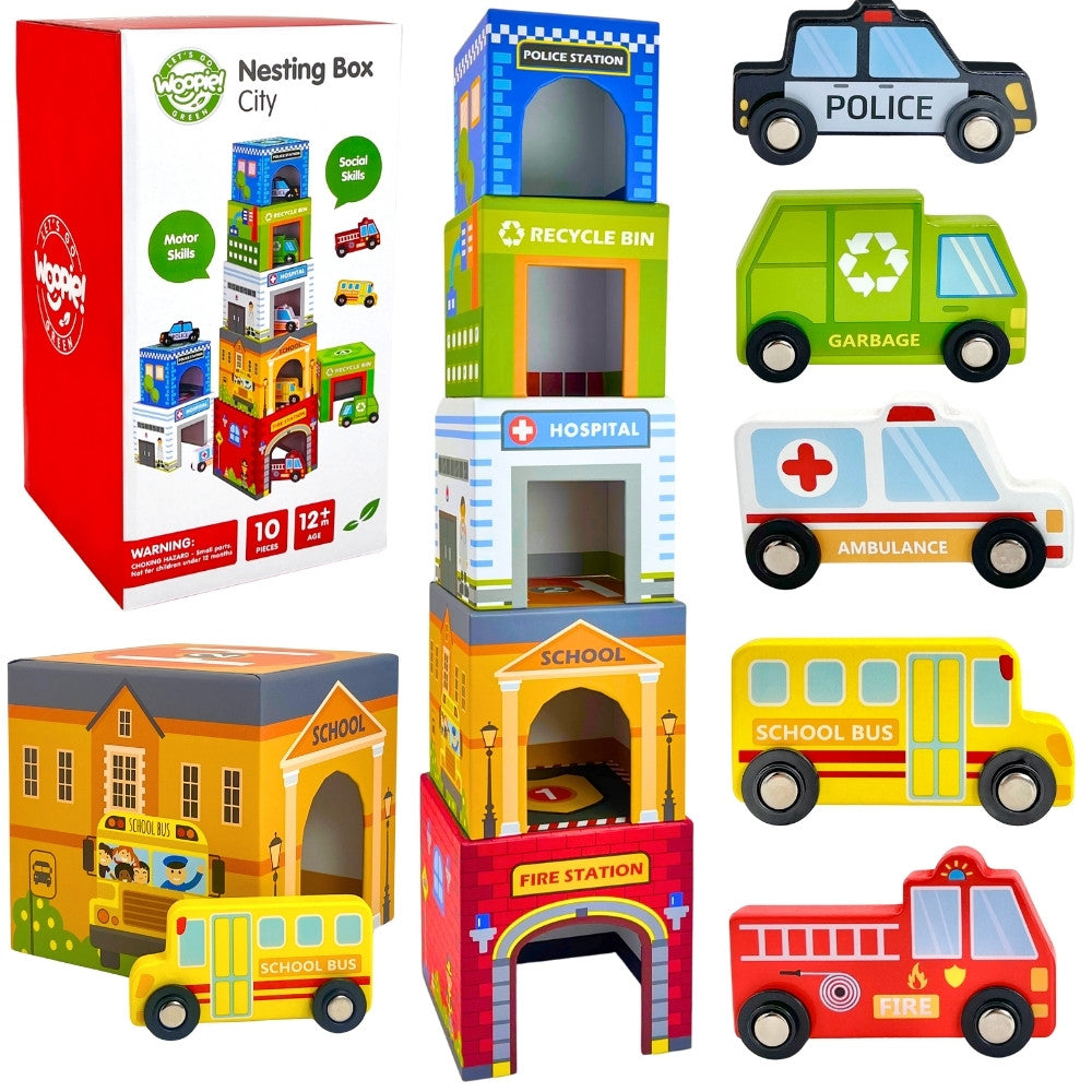 WOOPIE GREEN dėlionės kubai „Miesto transporto priemonės“ su figūrėlėmis, 10 vnt.