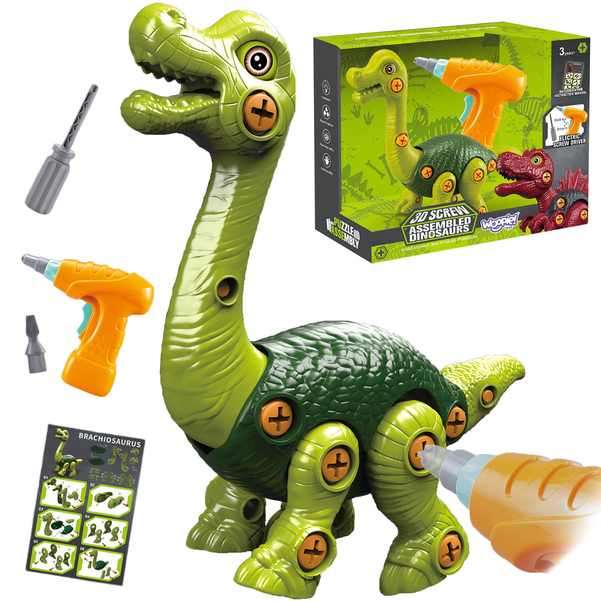 WOOPIE dinozauro konstruktorius su varžtais ir suktuvu, 31 vnt.