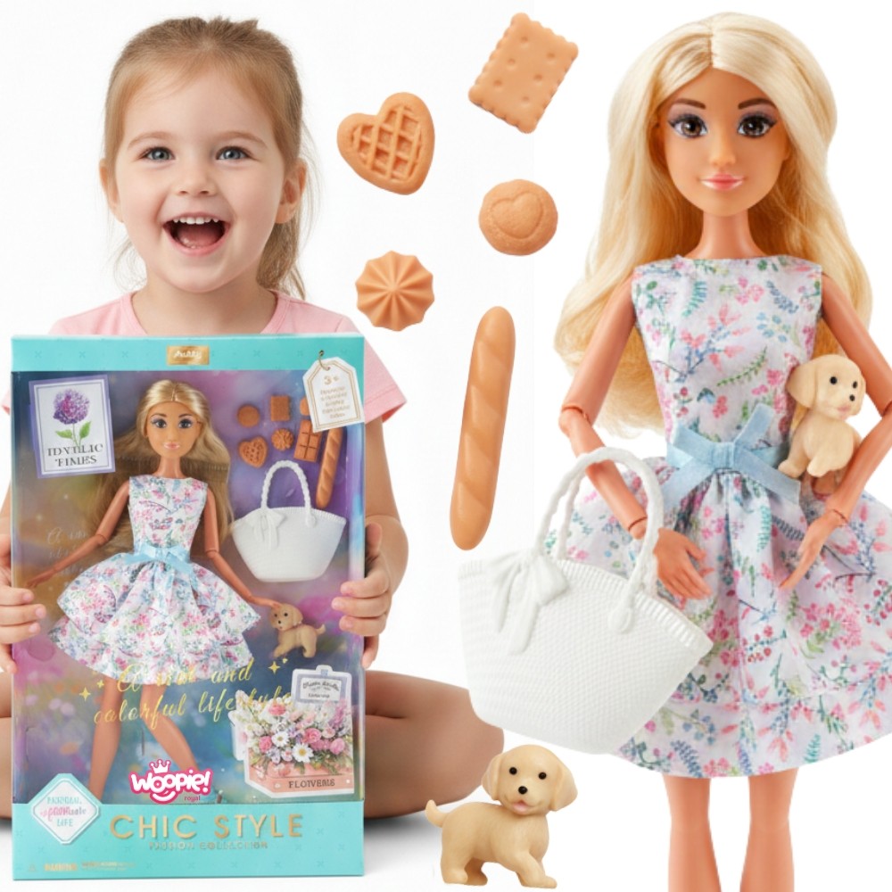 WOOPIE ROYAL lėlė Lily pavasarine suknele su iškylos priedais ir šuniuku, 30 cm
