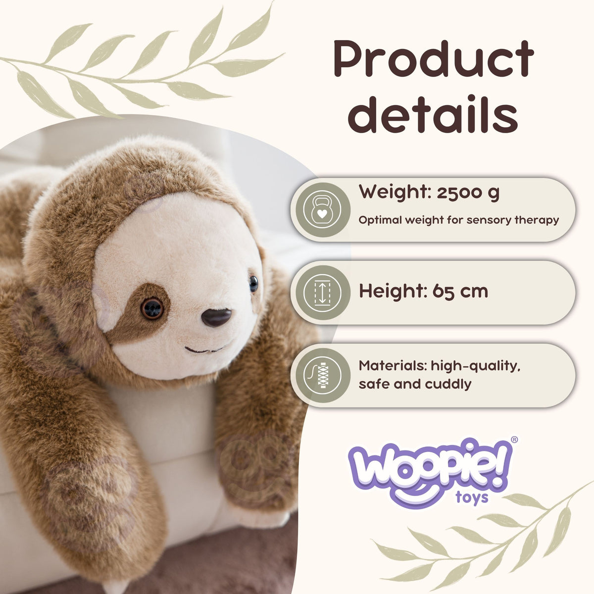 WOOPIE sveriamasis sensorinis pliušinis tinginys, 65 cm, 2,5 kg