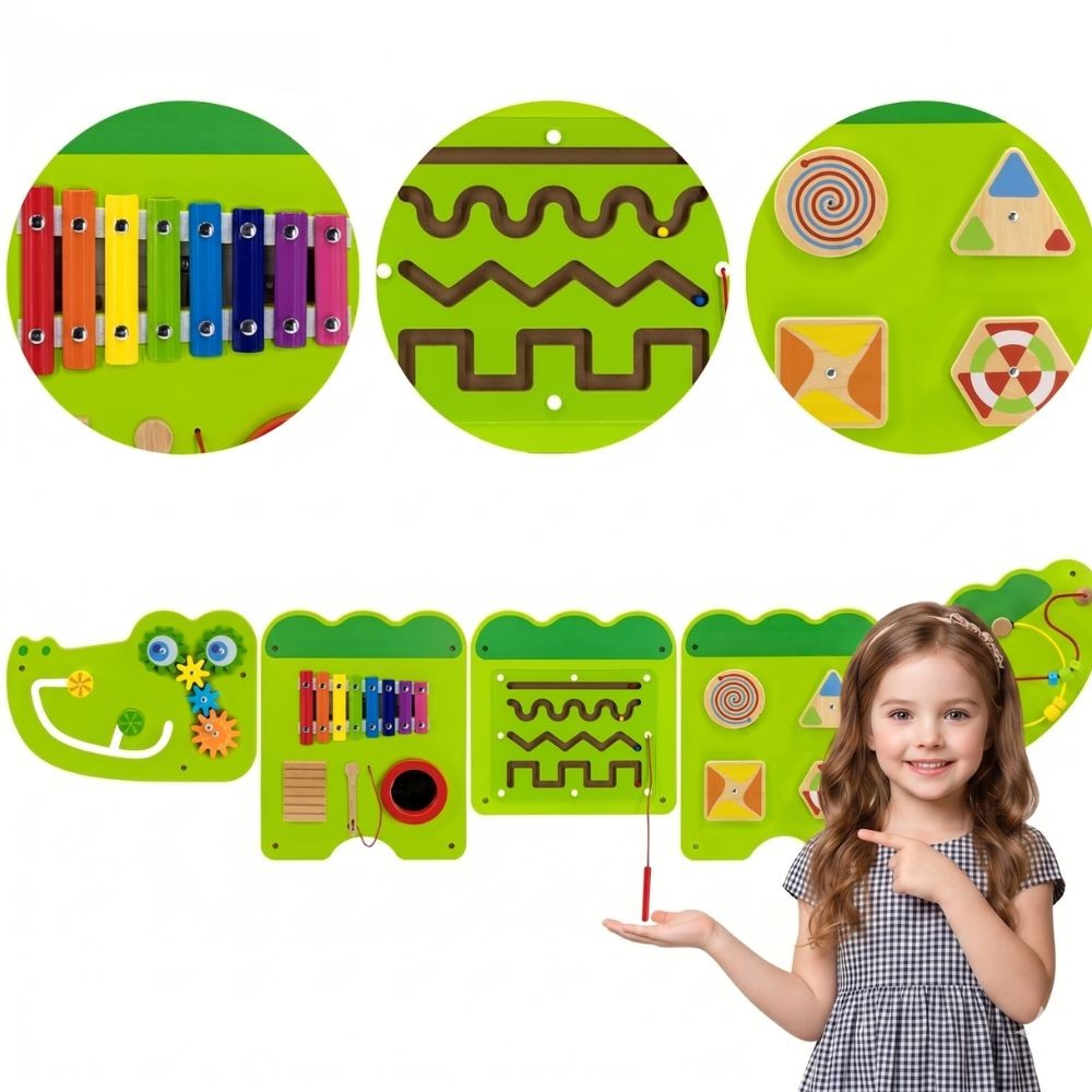 VIGA manipuliacinė jutiminė lenta „Krokodilas“ 5 in 1, FSC, Montessori