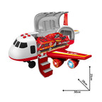 WOOPIE XL gaisrininkų lėktuvas-transporteris su 3 gaisrinėmis mašinomis ir kelio ženklais