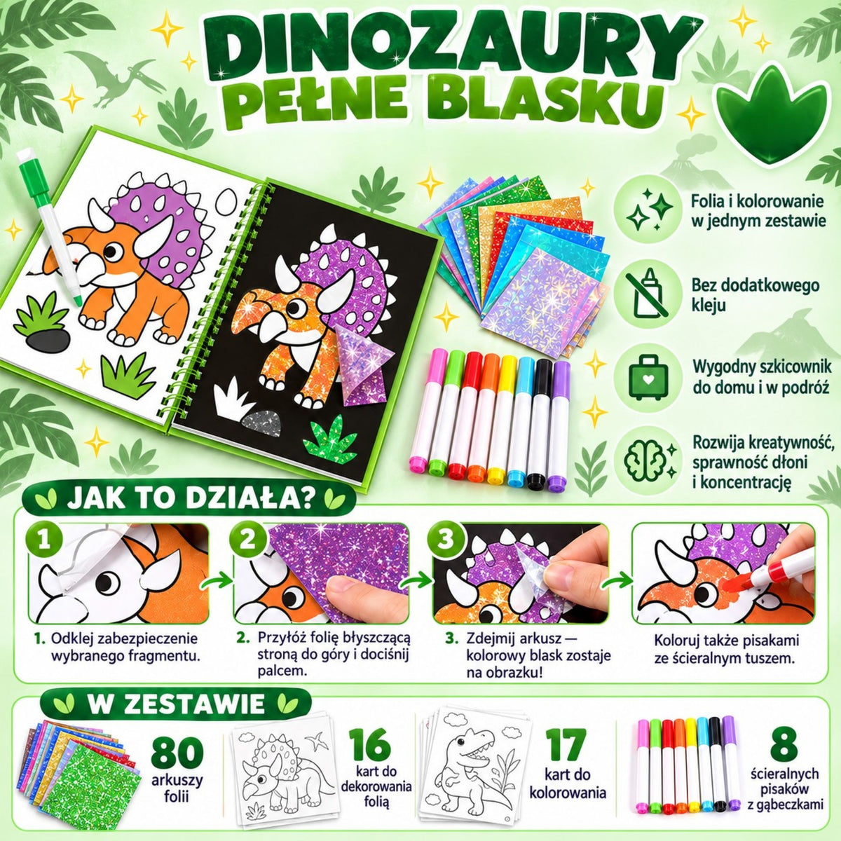 WOOPIE dailės rinkinys su blizgia folija ir spalvinimo kortelėmis „Dinozauras“, 121 vnt.