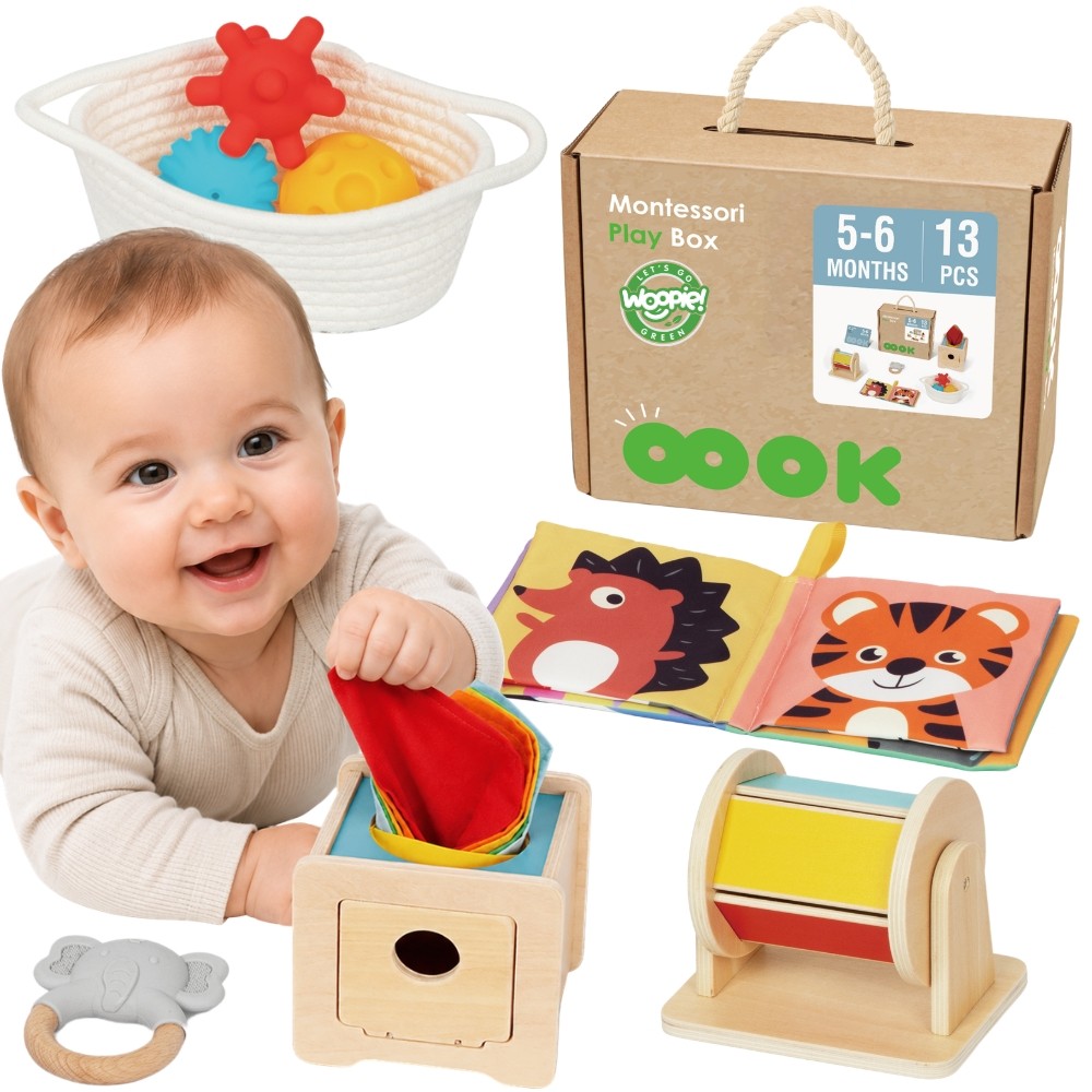 WOOPIE GREEN XXL 6 in 1 Montessori sensorinių žaislų dėžė 5–6 mėn., 13 vnt., FSC