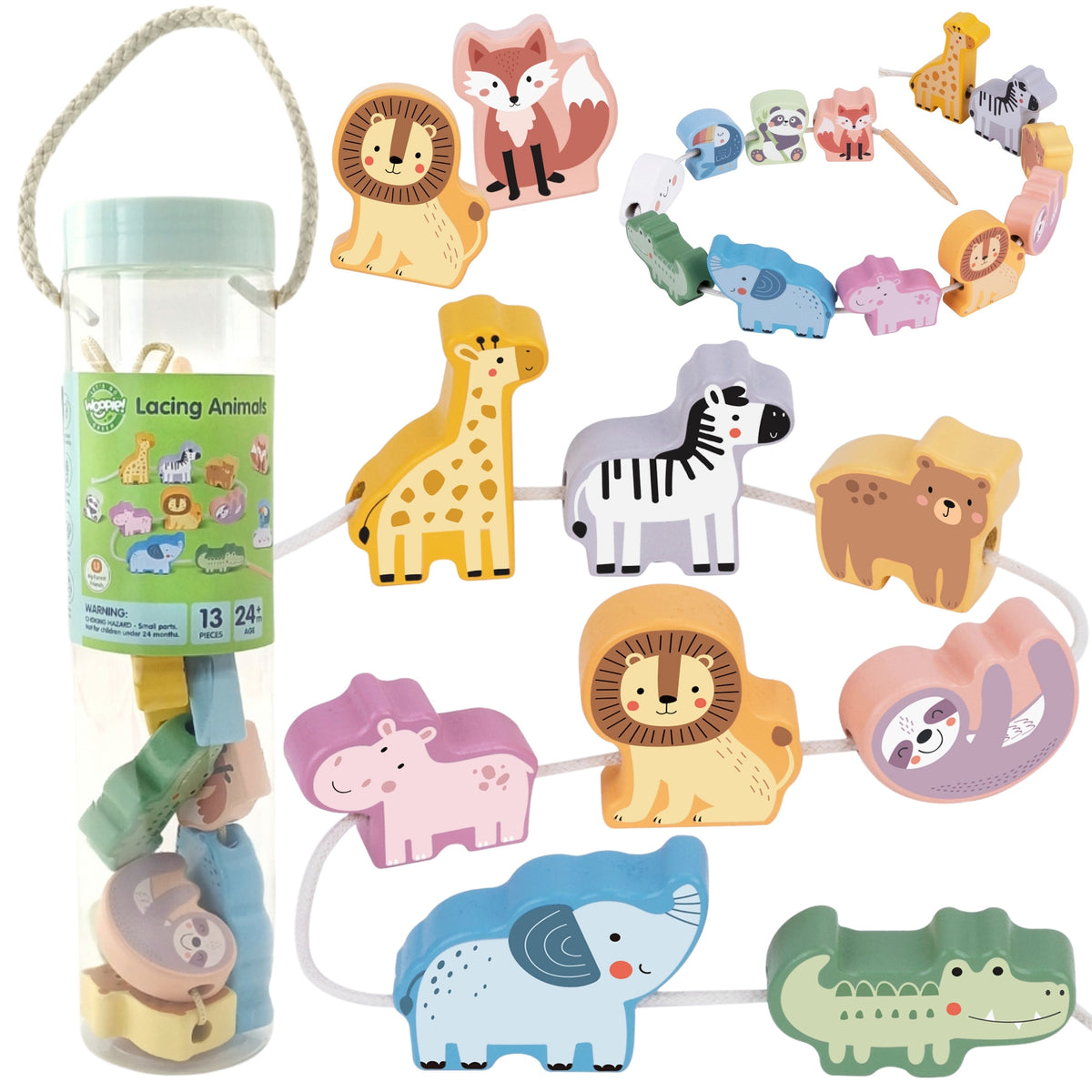 WOOPIE GREEN medinės vėrimo kaladėlės ZOO, Montessori, 13 vnt.