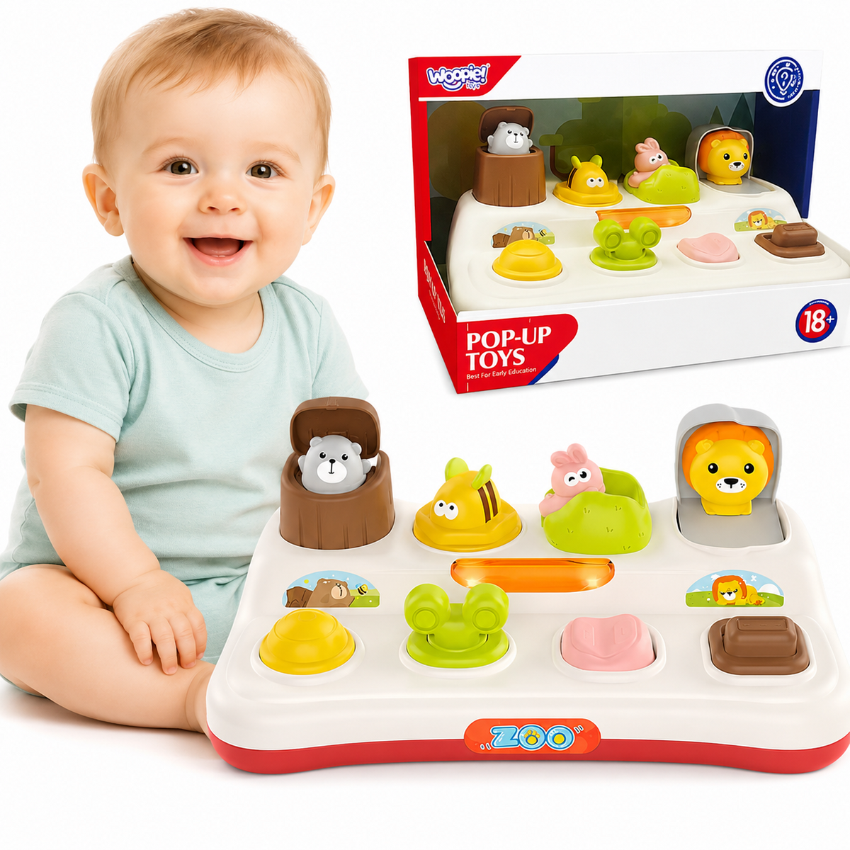 WOOPIE BABY lavinamasis žaislas su iššokančiais zoologijos sodo gyvūnais