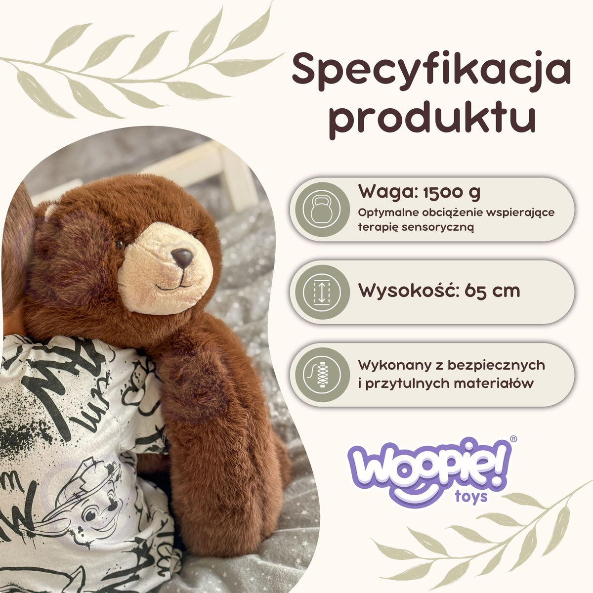 WOOPIE sveriamasis sensorinis pliušinis meškiukas, 65 cm, 1,5 kg