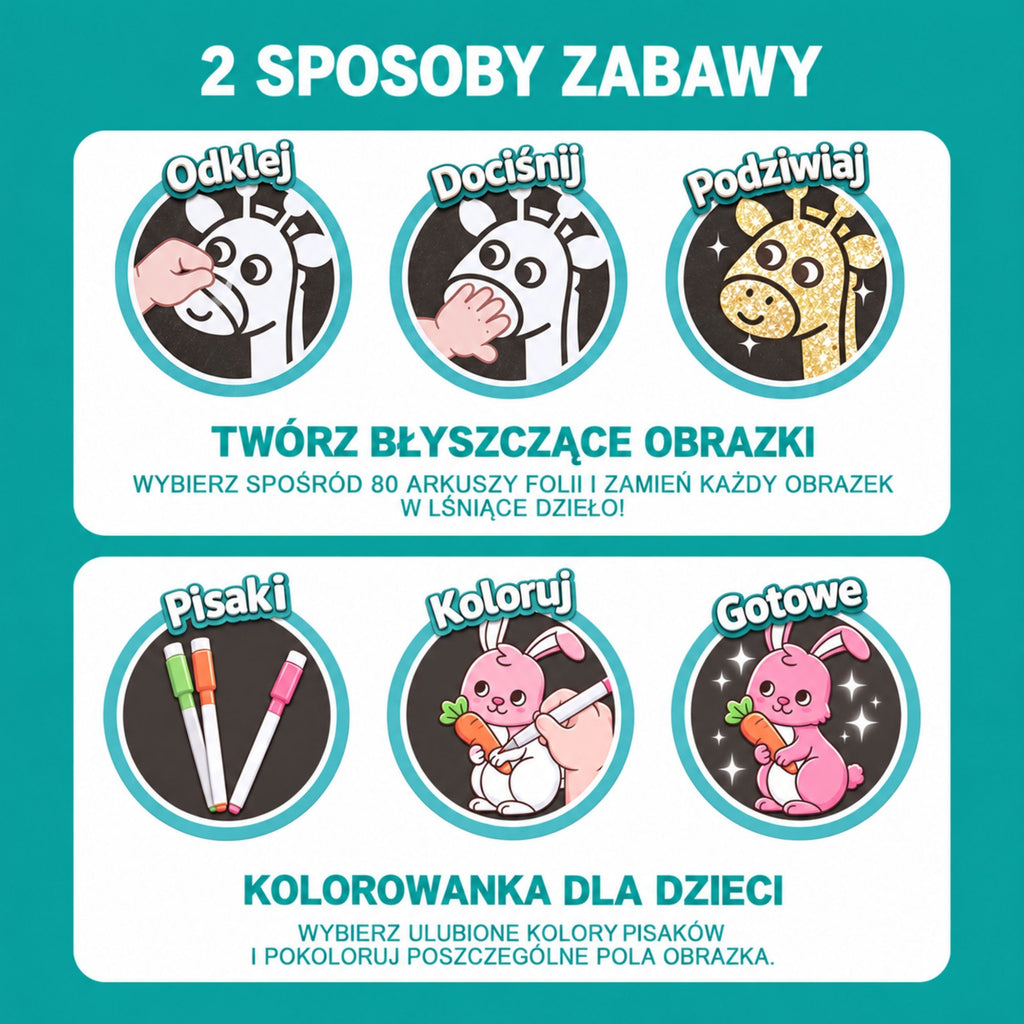 WOOPIE dailės rinkinys su blizgia folija ir spalvinimo kortelėmis „Gyvūnų pasaulis“, 121 vnt.