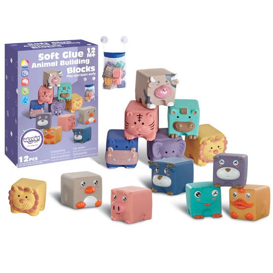 WOOPIE BABY sensorinės minkštos kaladėlės su gyvūnų garsais, 12 vnt.