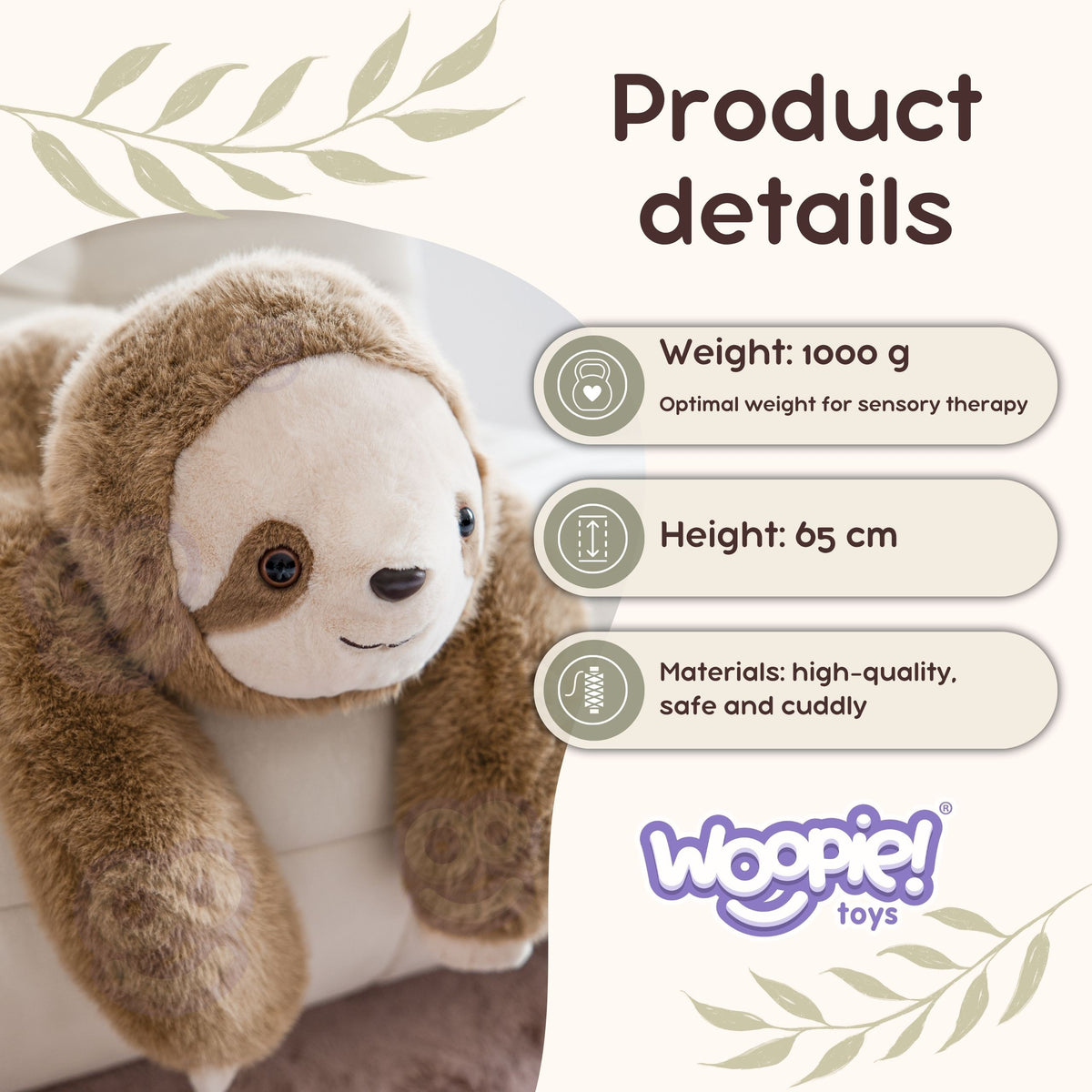 WOOPIE sveriamasis sensorinis pliušinis tinginys, 65 cm, 1 kg