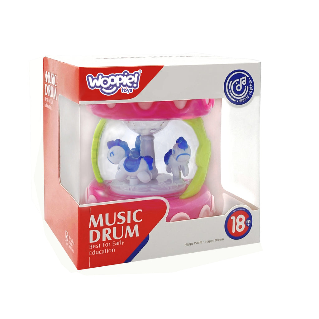 WOOPIE BABY rožinis muzikinis būgnelis-dėžutė-projektorius 3in1 ir volelis ropoti