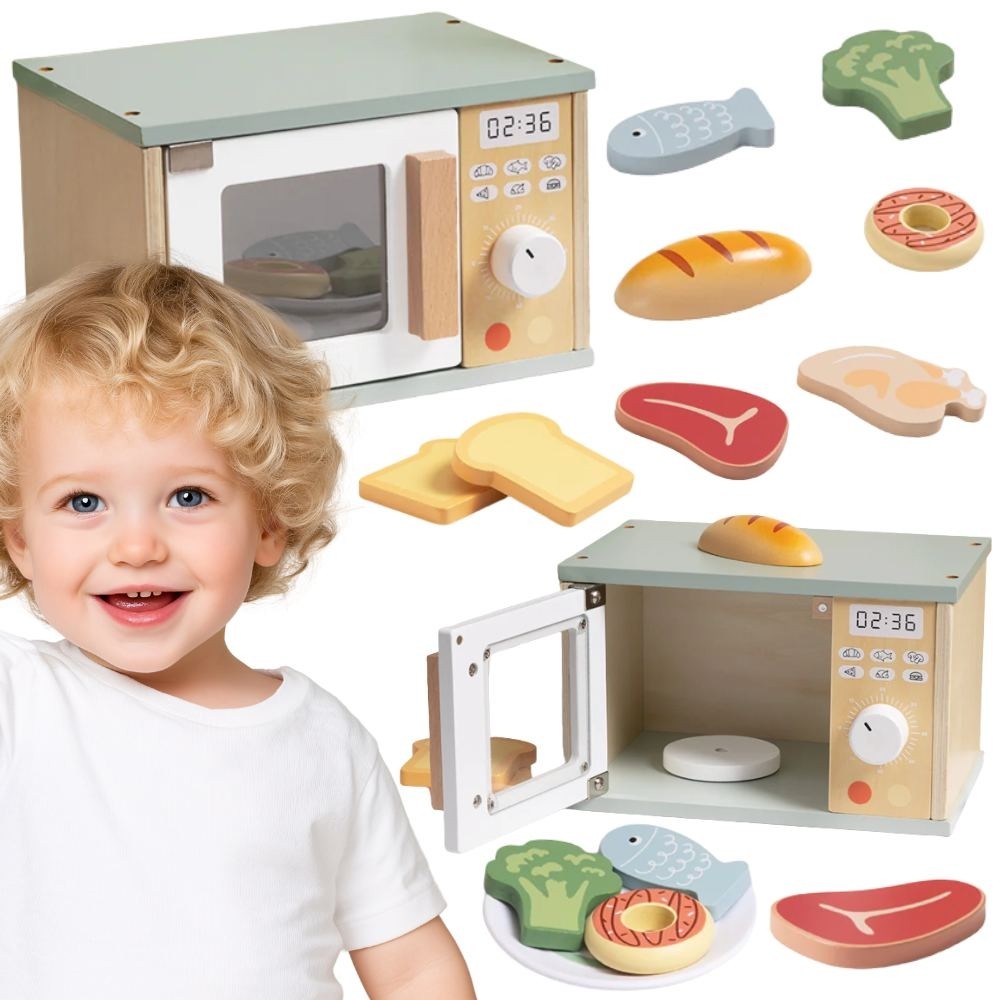 TOOKY TOY medinė mikrobangų krosnelė su maisto rinkiniu