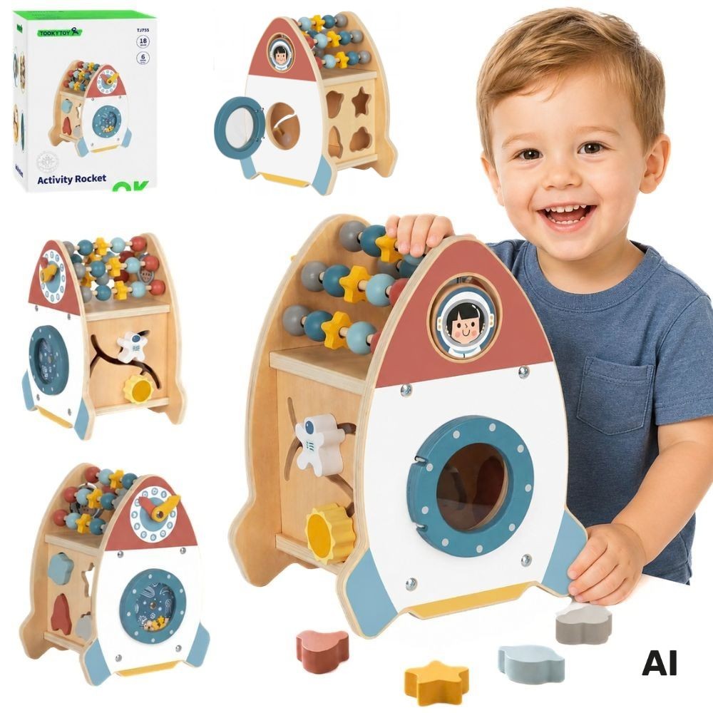 TOOKY TOY kosminė raketa – medinis veiklų rūšiuoklis su labirintu