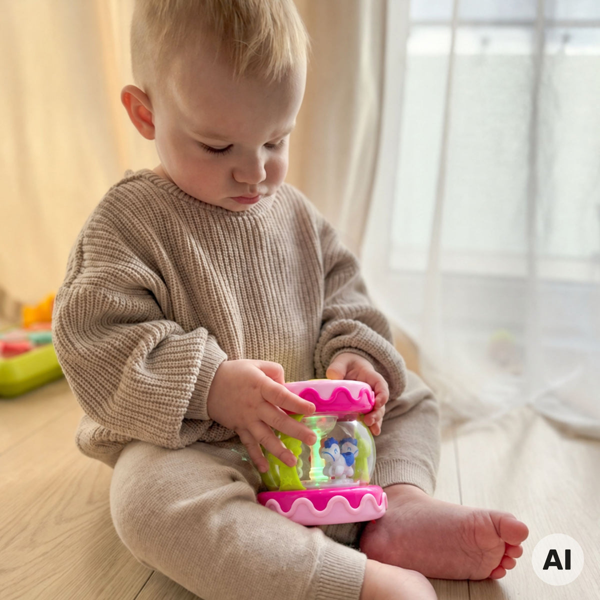 WOOPIE BABY rožinis muzikinis būgnelis-dėžutė-projektorius 3in1 ir volelis ropoti