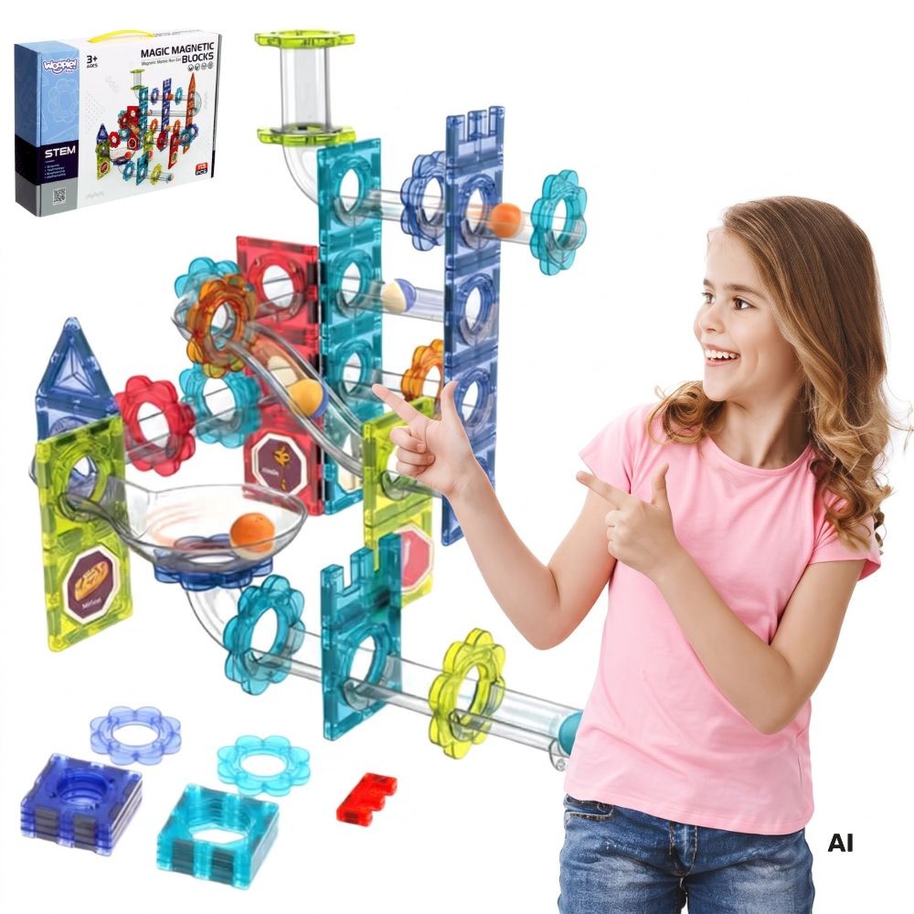 WOOPIE 3D magnetinės lavinamosios kaladėlės – kamuoliukų trasa, 113 vnt.