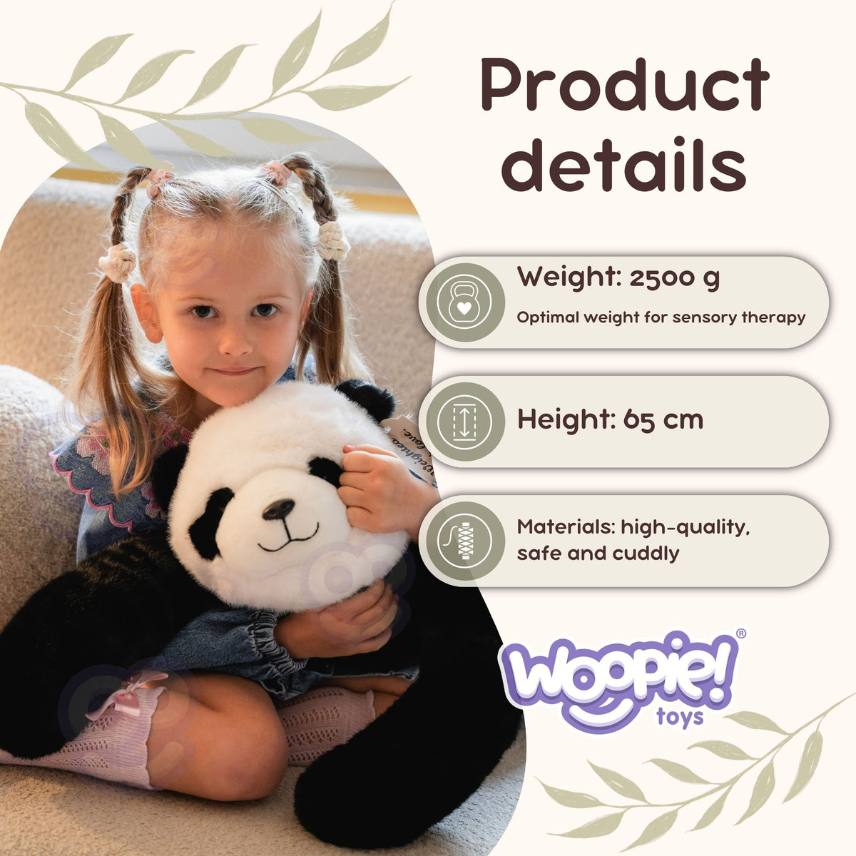 WOOPIE sveriamoji sensorinė pliušinė panda, 65 cm, 2,5 kg