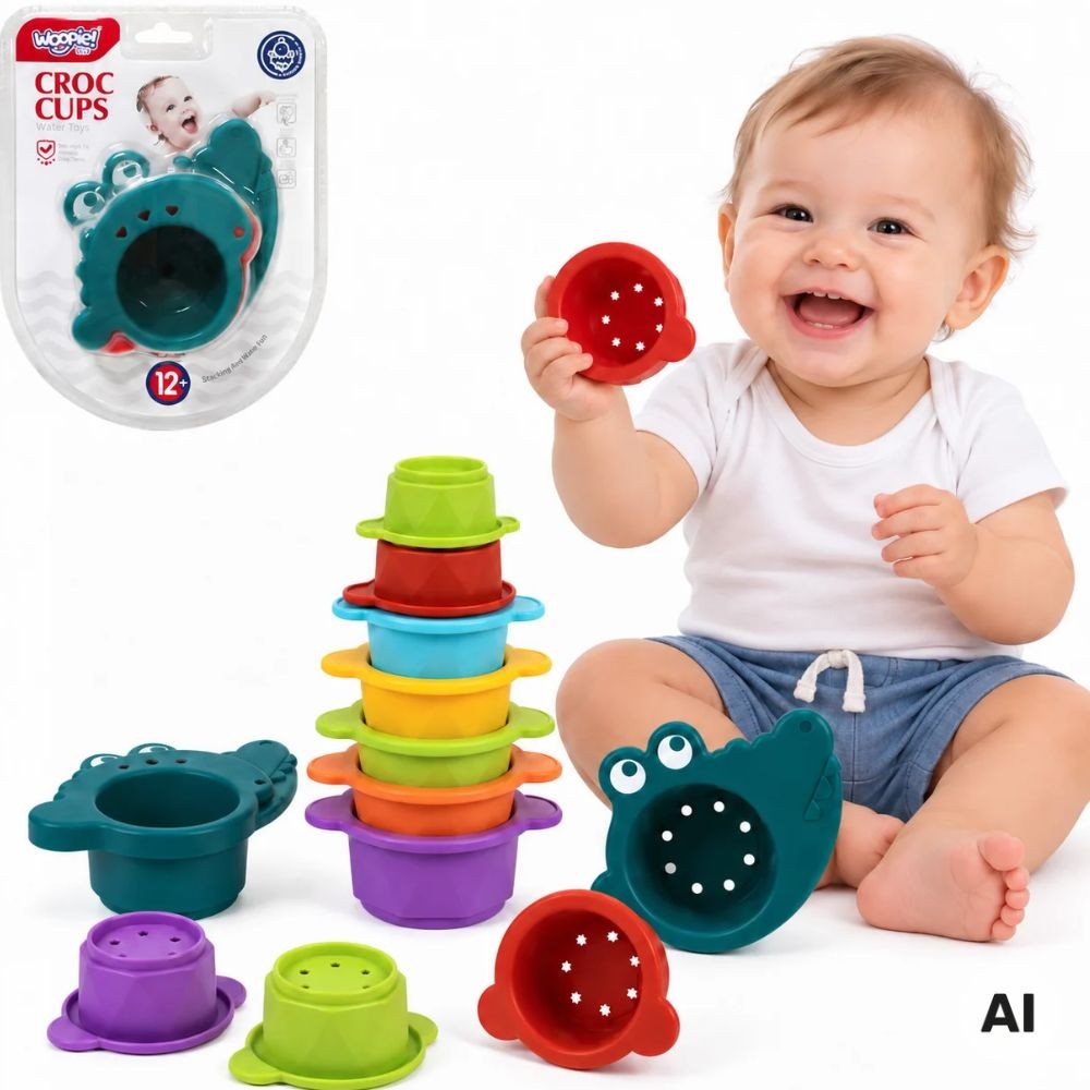 WOOPIE BABY vonios žaislas – persipilantys puodeliai „Krokodilas“, 8 vnt.