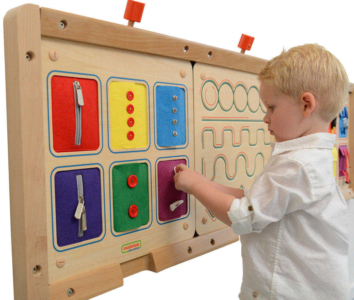 MASTERKIDZ Montessori sieninė lenta – užsegimų, užtrauktukų ir sagų atsegimas bei užsegimas