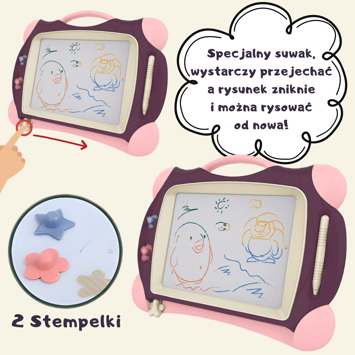 WOOPIE magnetinė spalvota piešimo lenta su 2 antspaudais, violetinė