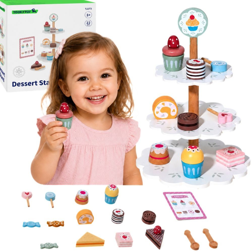 TOOKY TOY saldumynų padėklas – medinis stovas su keksiukais ir pyragaičiais