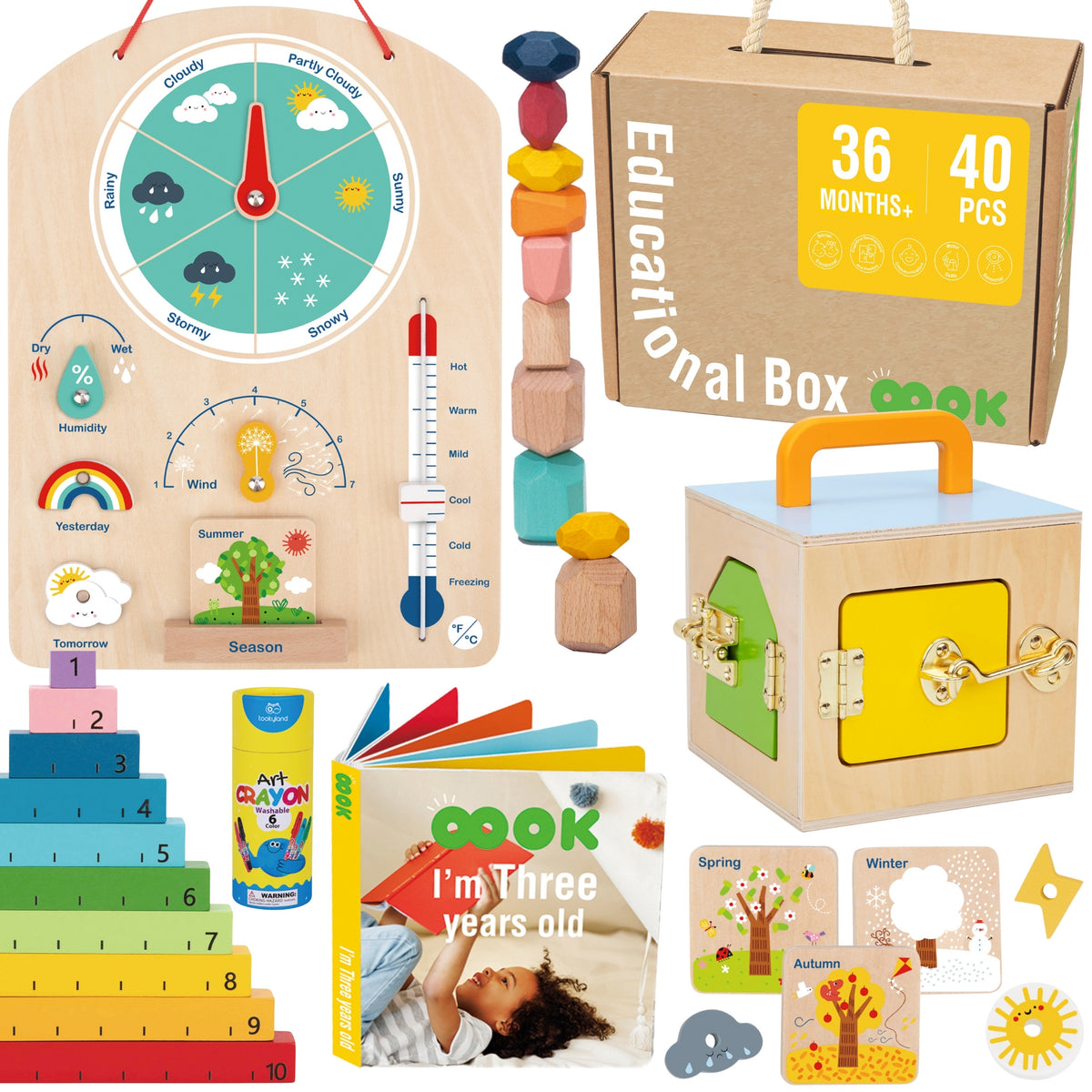 TOOKY TOY lavinamoji Montessori dėžė – dėlionė, skaičiuotuvai, orų lenta, 6 in 1, nuo 3 metų