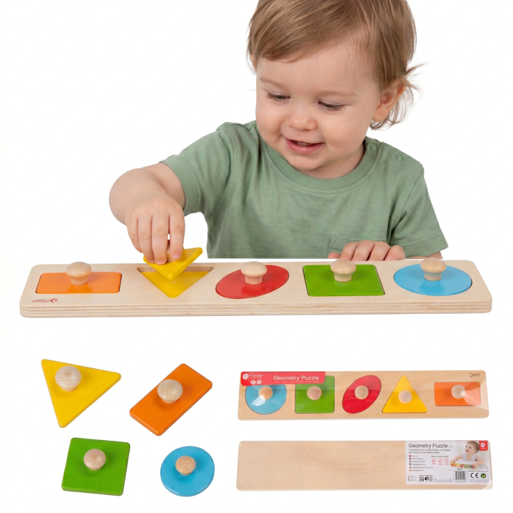 CLASSIC WORLD medinė geometrinė dėlionė MONTESSORI – formų rūšiuoklis, spalvų pažinimas, 6 vnt.