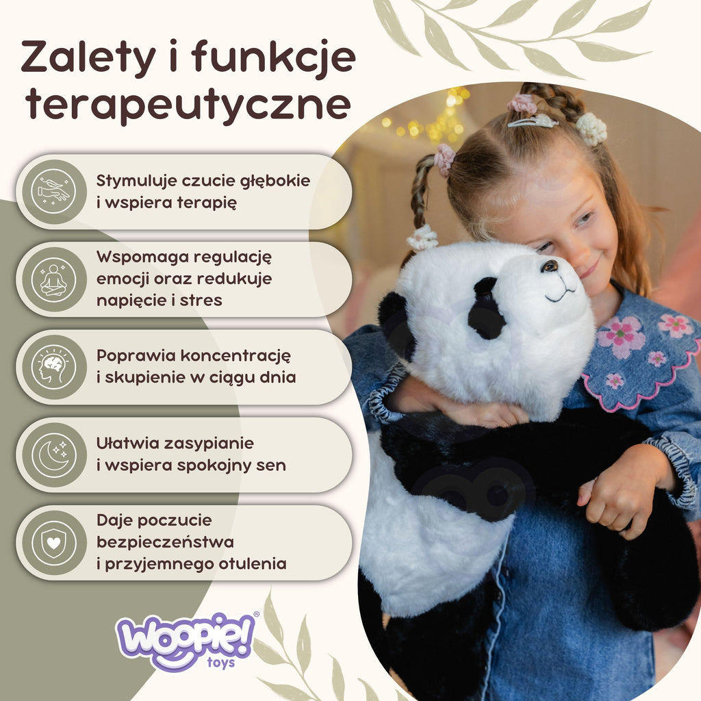 WOOPIE sveriamoji sensorinė pliušinė panda, 65 cm, 1 kg