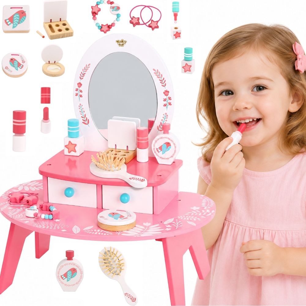 TOOKY TOY rožinis medinis tualetinis staliukas su veidrodžiu