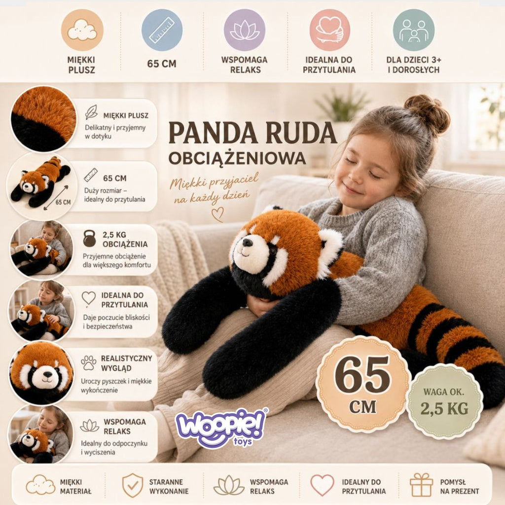 WOOPIE sveriamoji sensorinė pliušinė raudonoji panda, 65 cm, 2,5 kg