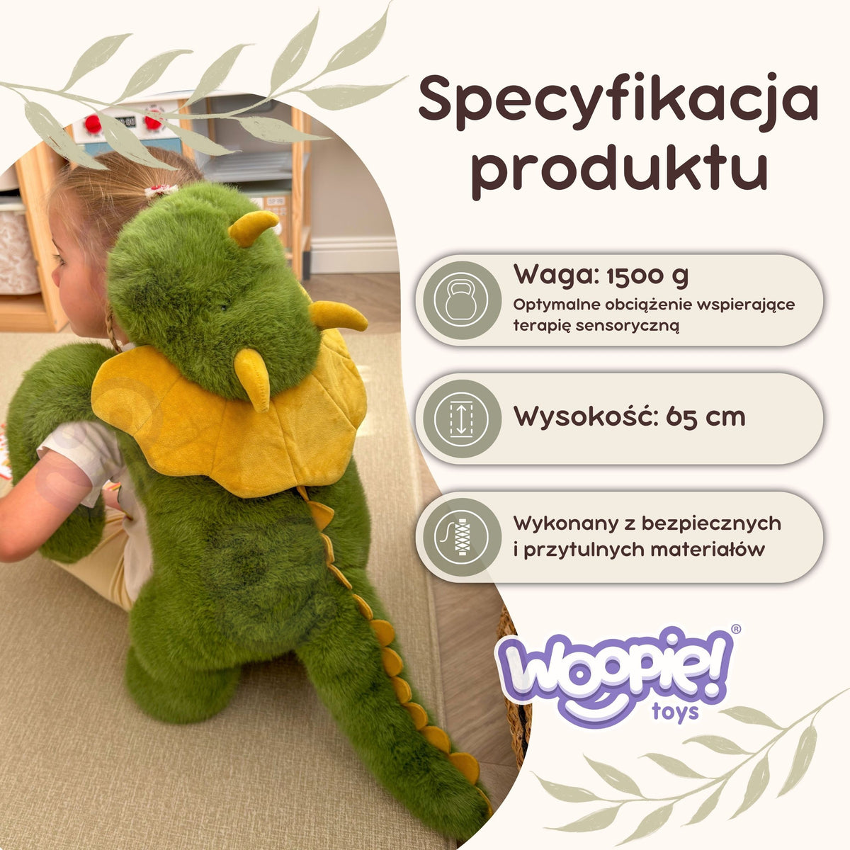WOOPIE sveriamasis sensorinis pliušinis dinozauras, 65 cm, 1,5 kg