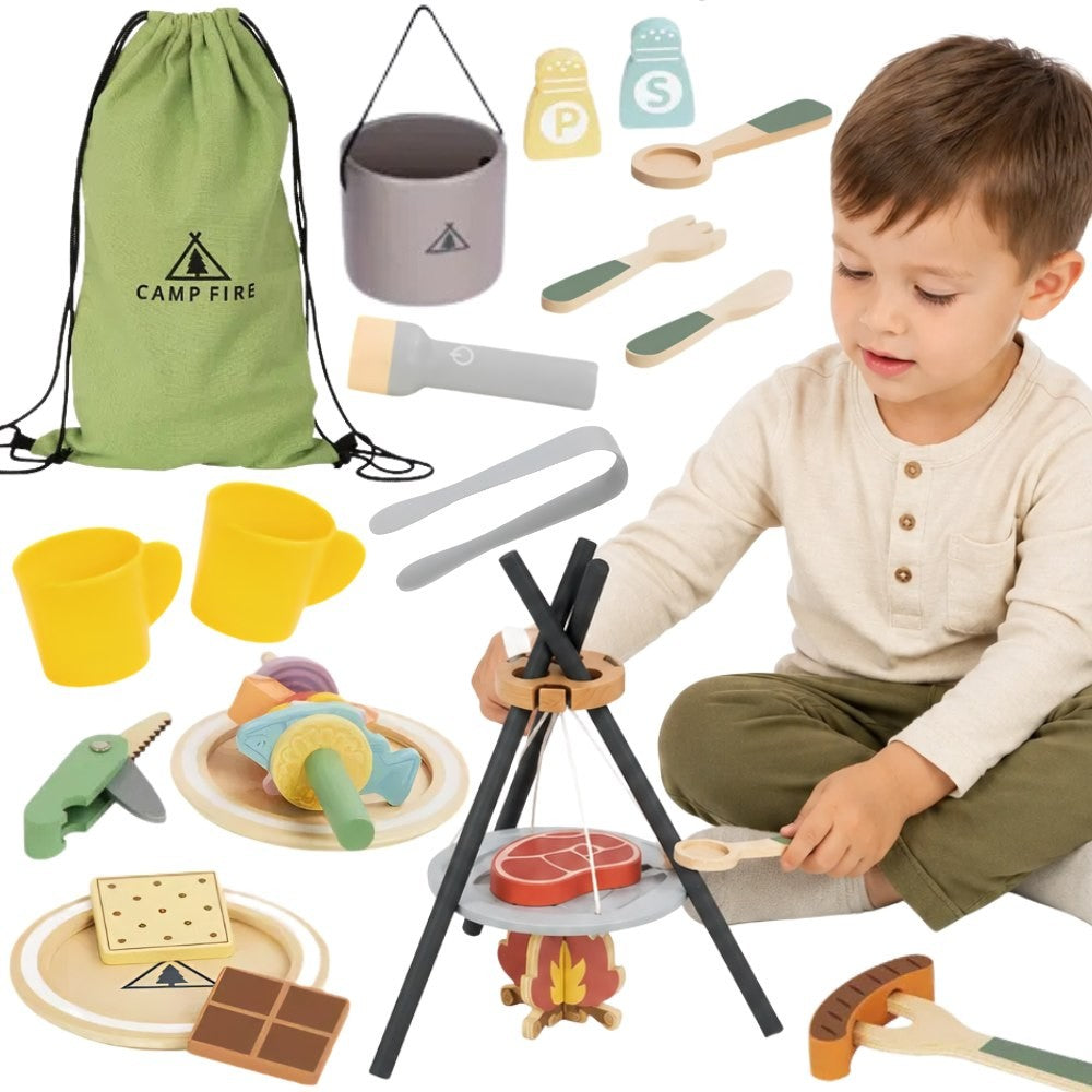 TOOKY TOY medinis stovyklavimo gaminimo rinkinys su laužu