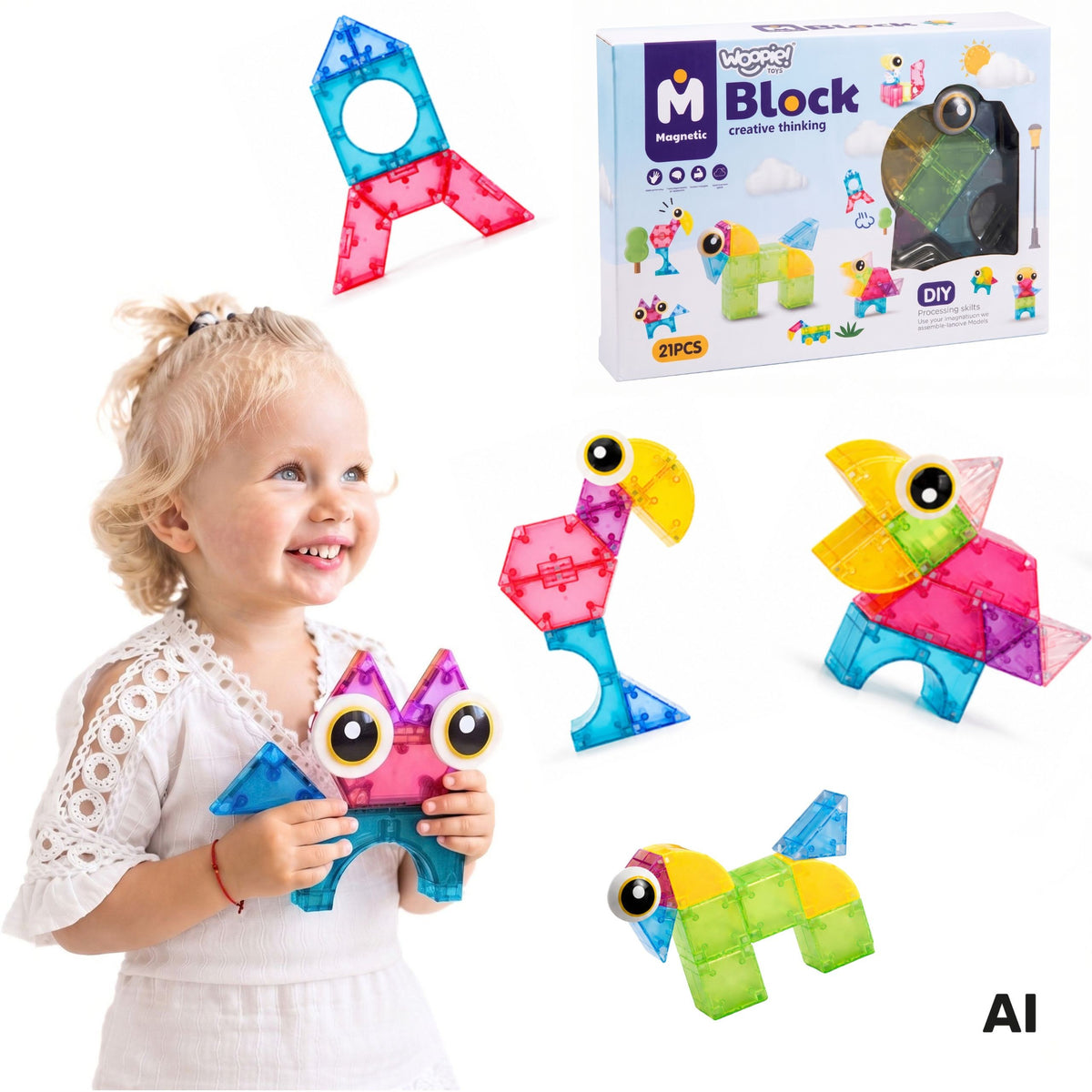 WOOPIE magnetinės kaladėlės „M Block“, 21 vnt. – kūrybinė lavinamoji 3D dovana