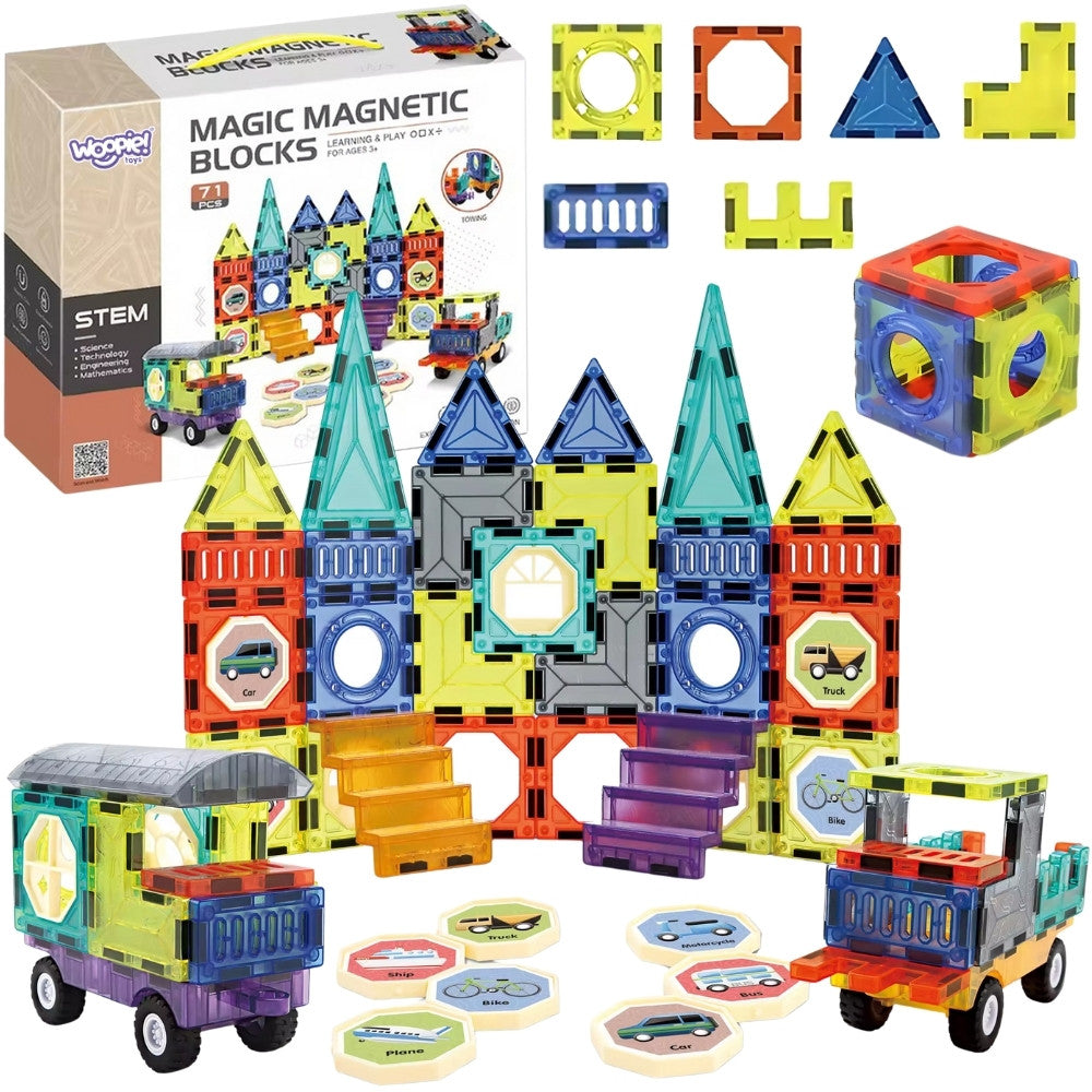 WOOPIE 3D magnetinės kaladėlės „Pilis ir transportas“, 71 vnt.