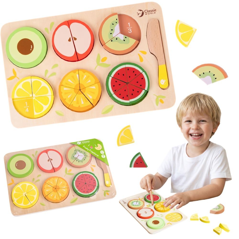 CLASSIC WORLD mediniai pjaustomi vaisiai su lipukais + trupmenų ir dalybos mokymasis, MONTESSORI, 23 vnt.