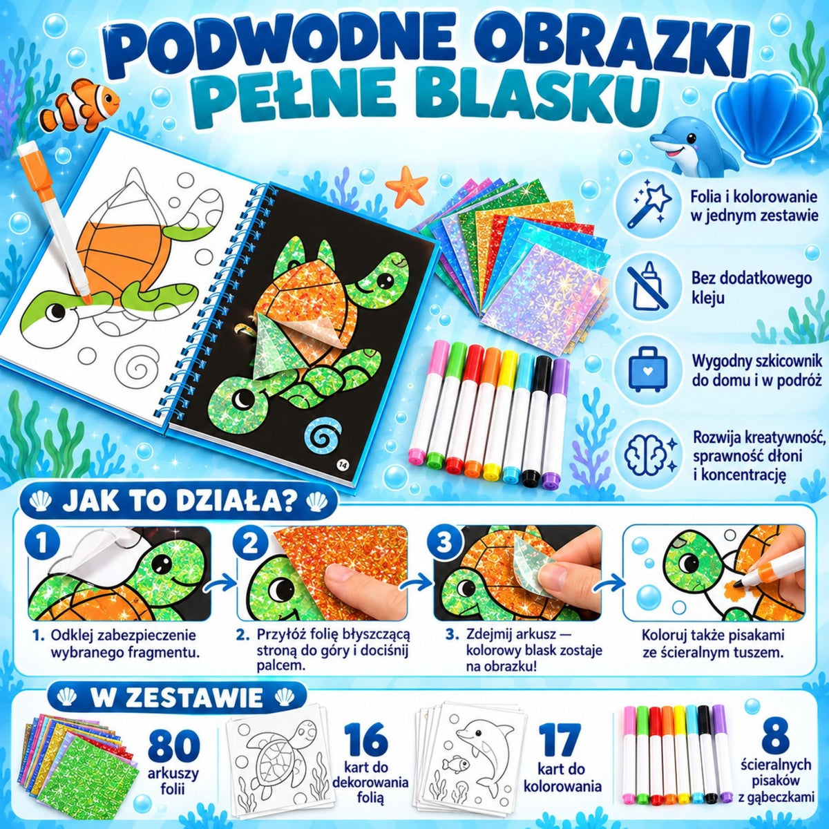 WOOPIE dailės rinkinys su blizgia folija ir spalvinimo kortelėmis „Delfinas“, 121 vnt.