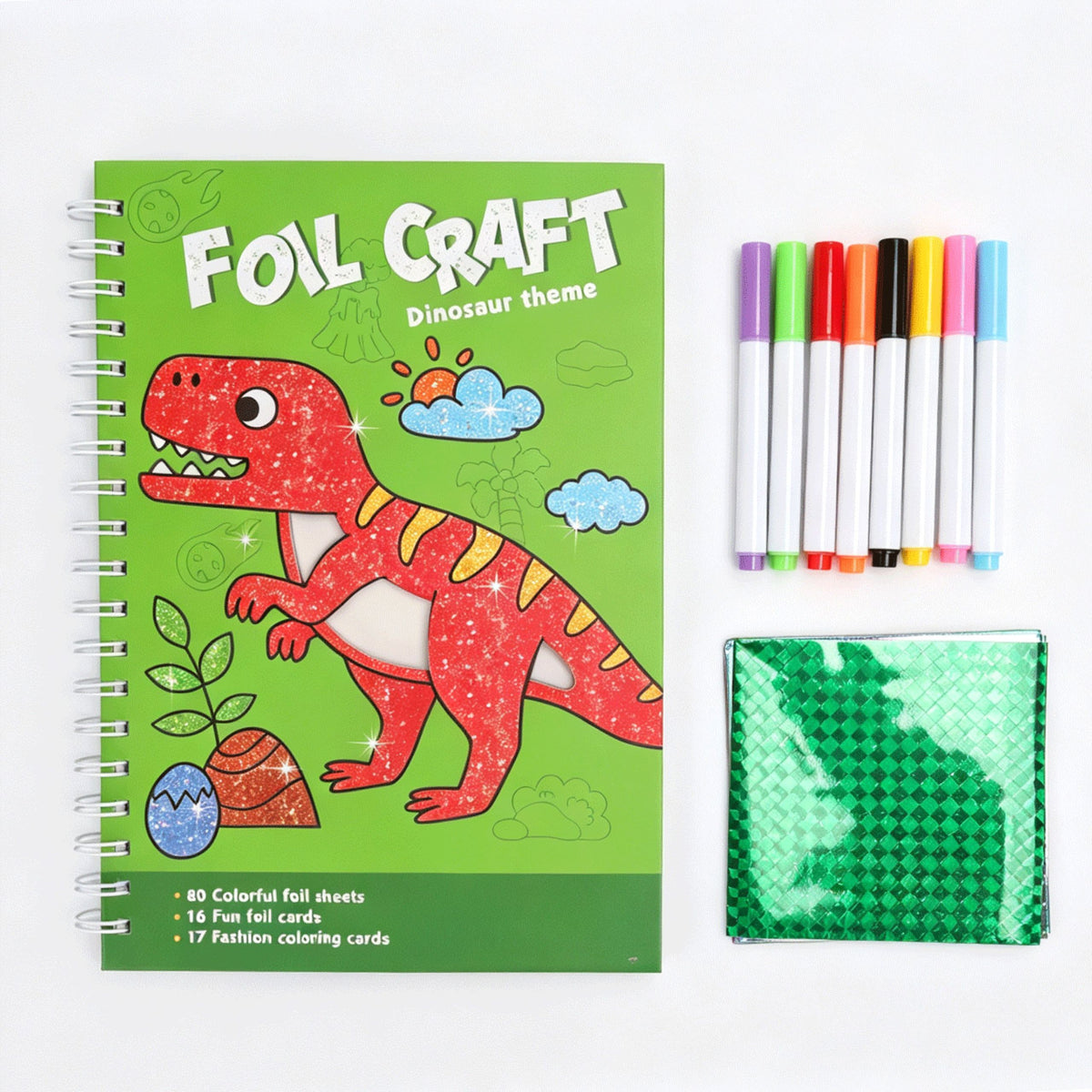 WOOPIE dailės rinkinys su blizgia folija ir spalvinimo kortelėmis „Dinozauras“, 121 vnt.