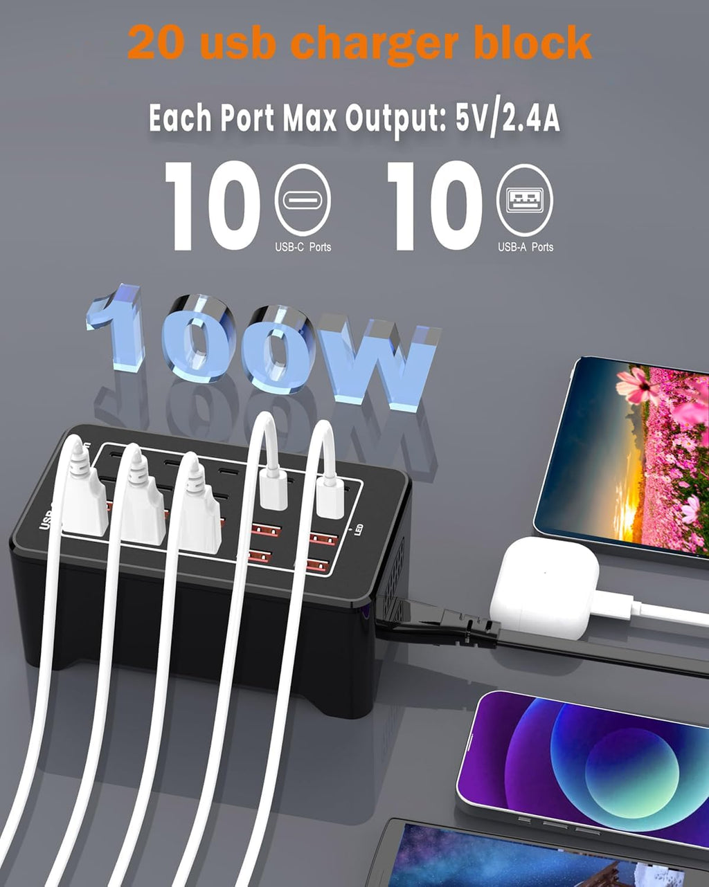 Insplay USB įkrovimo stotelė 100 W, 20 jungčių