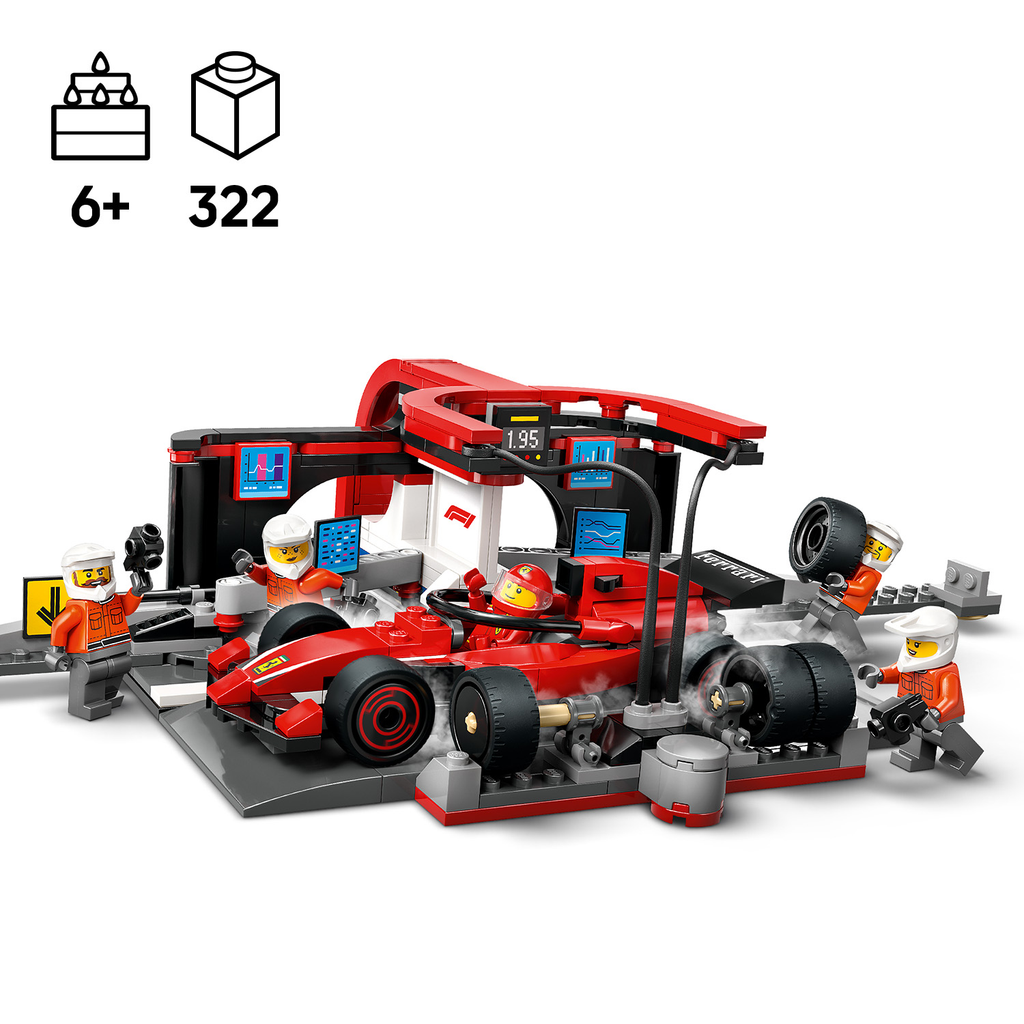 LEGO City 60443 F1 techninės priežiūros sustojimas su Ferrari bolidu