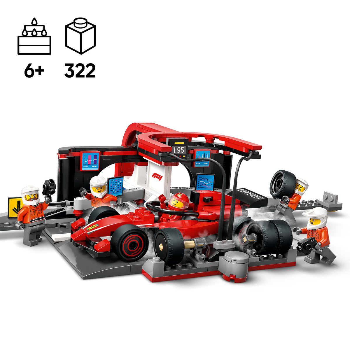 LEGO City 60443 F1 techninės priežiūros sustojimas su Ferrari bolidu